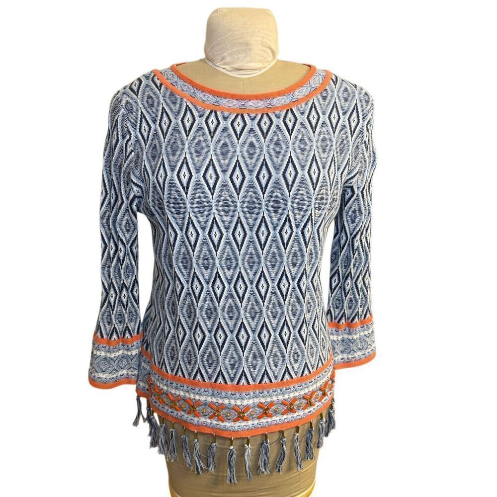 Ruby Rd. Lightweight Knit Sweater Geometric Pattern Sz. M Fringe Hem Blue/White/
